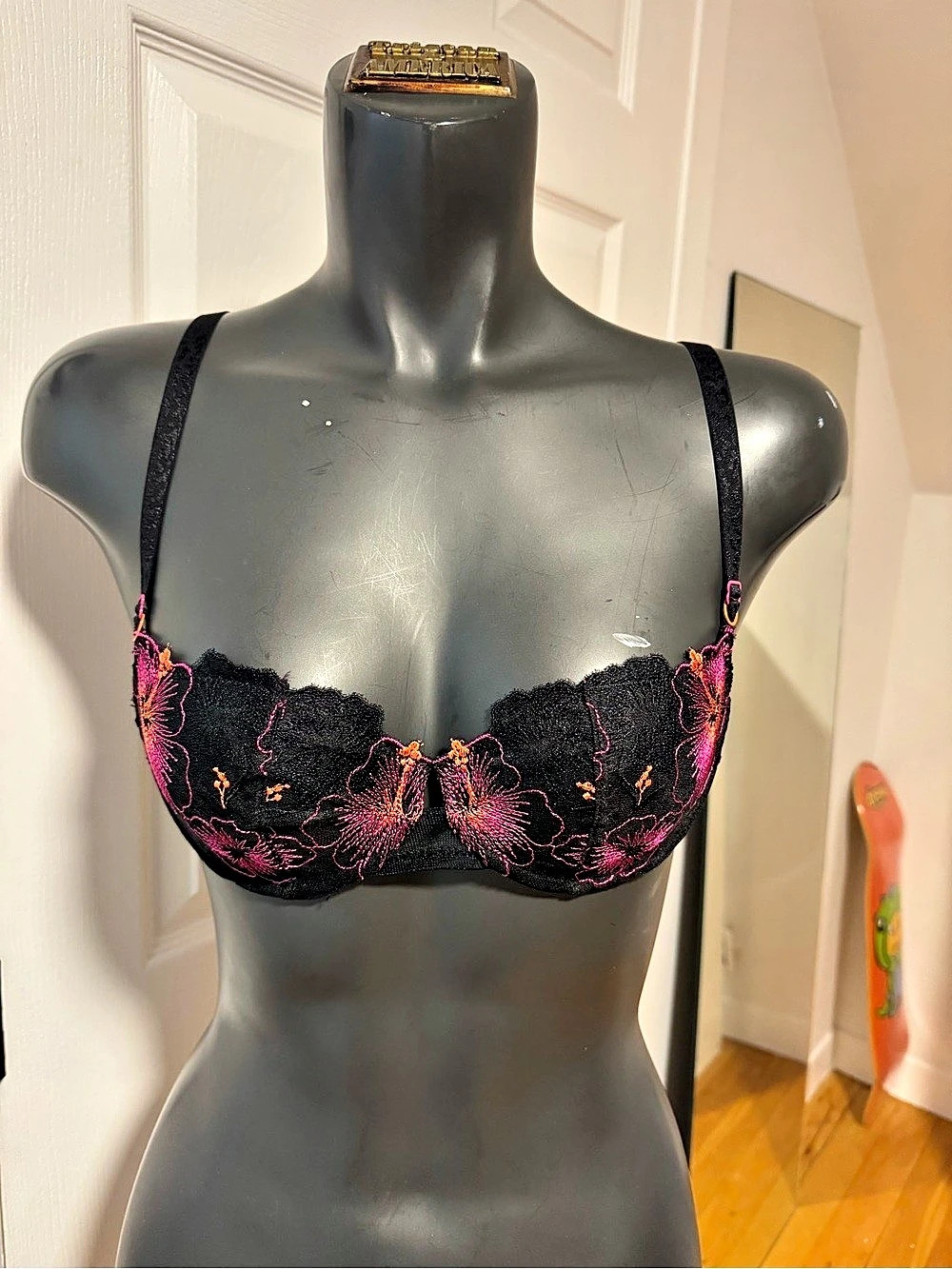 Floral Embroidered Bra in Black & Pink